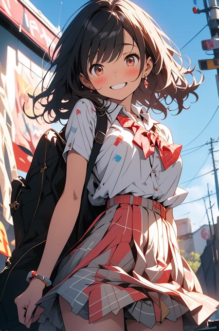 18665-382543981-1girl, skirt, brown hair, solo, long hair, shirt, brown eyes, blush, bow, white shirt, looking at viewer, outdoors, bangs, bowti.png